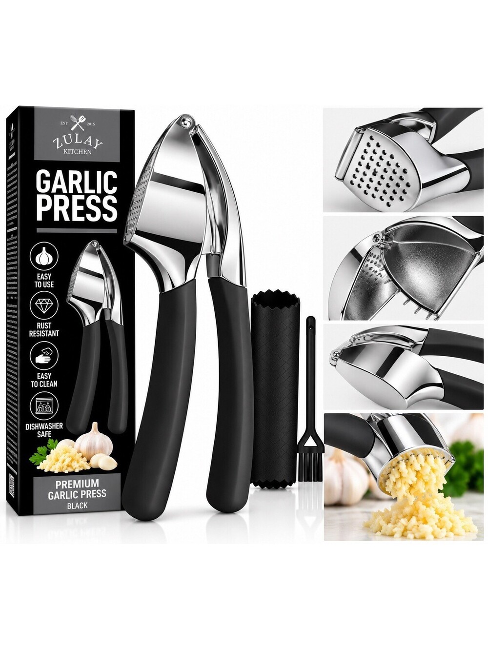 🧄 Zulay Kitchen Premium Garlic Press – Chrome & Black – Heavy Duty